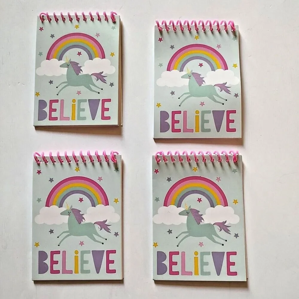 Lot of 4 Mini Spiral Paper Notebooks Party Favors Believe Unicorn Rainbow Stars